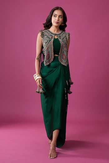 Prisho Embroidered Jacket & Draped Skirt Set 