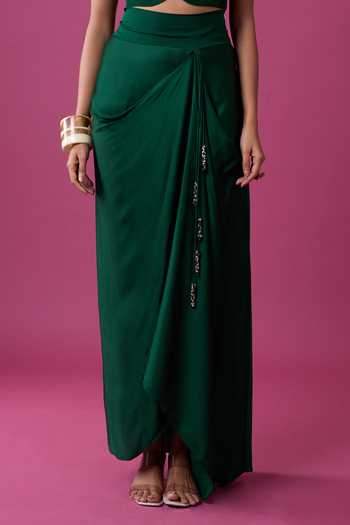 Shop_Prisho_Green Beads, Stones, Mirrors, Tassels Embroidered Jacket And Draped Skirt Set _Online_at_Aza_Fashions