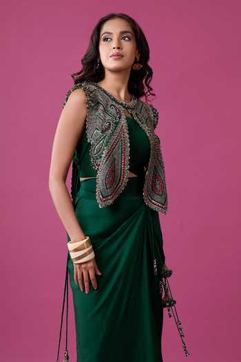 Prisho_Green Beads, Stones, Mirrors, Tassels Embroidered Jacket And Draped Skirt Set _at_Aza_Fashions