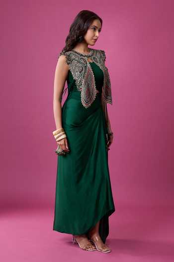Buy_Prisho_Green Beads, Stones, Mirrors, Tassels Embroidered Jacket And Draped Skirt Set 