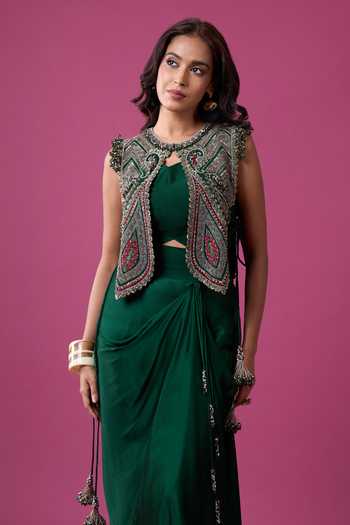 Shop_Prisho_Green Beads, Stones, Mirrors, Tassels Embroidered Jacket And Draped Skirt Set 
