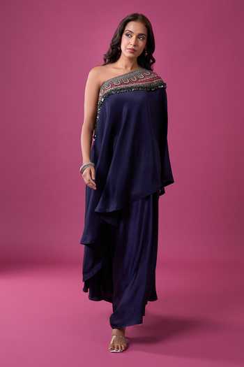 Shop Prisho Blue Embroidery, Sequins, Beads, Mirrors One Embellished Tunic And Pant Set Online at Aza Fashions Shop_Prisho_Blue Embroidery, Sequins, Beads, Mirrors One Embellished Tunic And Pant Set _Online_at_Aza_Fashions