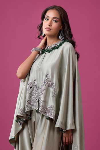 Prisho Green Beads, Stones, Tassels Round Neck Embroidered Kaftan And Draped Pant Set at Aza Fashions Prisho_Green Beads, Stones, Tassels Round Neck Embroidered Kaftan And Draped Pant Set _at_Aza_Fashions