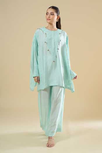 Shop_Anamika Khanna_Sky Blue Embroidery Round Neck, Yes Straight Kurta And Pant Set 