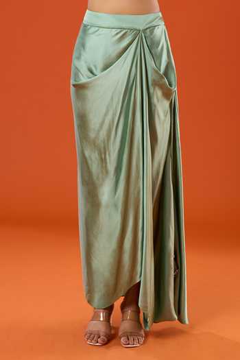 Prisho_Green Embroidery V-neck Floral Jacket And Skirt Set _Online_at_Aza_Fashions