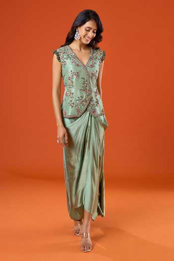Shop_Prisho_Green Embroidery V-neck Floral Jacket And Skirt Set _Online_at_Aza_Fashions