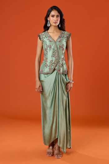 Prisho_Green Embroidery V-neck Floral Jacket And Skirt Set _at_Aza_Fashions