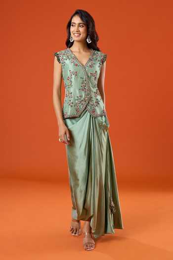 Prisho Floral Embroidered Jacket & Skirt Set 