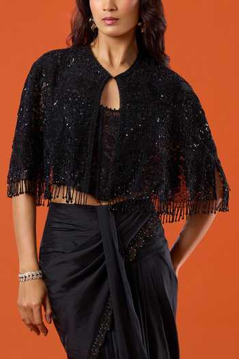 Tarun Tahiliani_Black Embroidery, Sequins Keyhole Neck Cape Draped Skirt Set_Online_at_Aza_Fashions