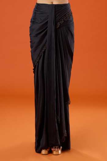 Tarun Tahiliani_Black Embroidery, Sequins Keyhole Neck Cape Draped Skirt Set_at_Aza_Fashions