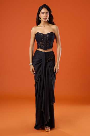 Buy_Tarun Tahiliani_Black Embroidery, Sequins Keyhole Neck Cape Draped Skirt Set