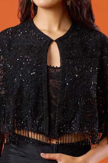Shop_Tarun Tahiliani_Black Embroidery, Sequins Keyhole Neck Cape Draped Skirt Set