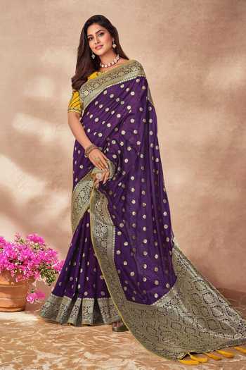 Shop_Khwaab By Sanjana Lakhani_Purple Georgette, Silk Embroidery Boat Neck Floral Woven Saree Set _Online_at_Aza_Fashions
