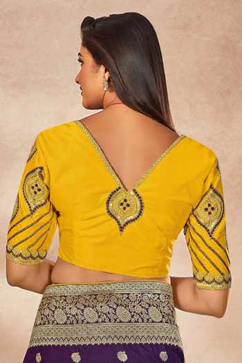 Shop_Khwaab By Sanjana Lakhani_Purple Georgette, Silk Embroidery Boat Neck Floral Woven Saree Set 
