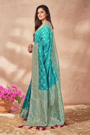 Khwaab By Sanjana Lakhani_Blue Georgette, Silk Embroidery V-neck Floral Tear Drop Woven Saree Set _Online_at_Aza_Fashions