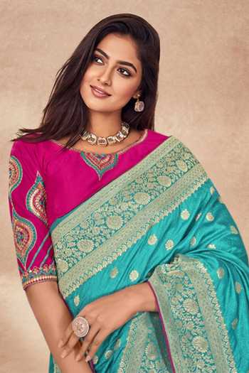 Shop_Khwaab By Sanjana Lakhani_Blue Georgette, Silk Embroidery V-neck Floral Tear Drop Woven Saree Set _Online_at_Aza_Fashions