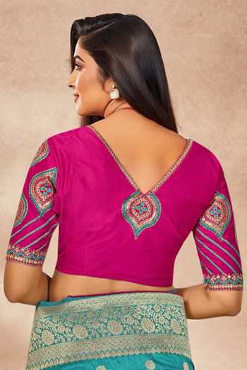 Buy_Khwaab By Sanjana Lakhani_Blue Georgette, Silk Embroidery V-neck Floral Tear Drop Woven Saree Set 