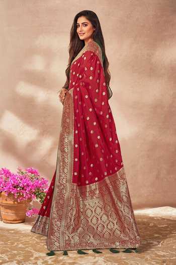 Khwaab By Sanjana Lakhani_Red Georgette, Silk Embroidery Boat Neck Floral Bloom Woven Saree With Blouse _Online_at_Aza_Fashions