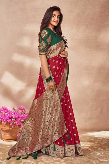 Buy_Khwaab By Sanjana Lakhani_Red Georgette, Silk Embroidery Boat Neck Floral Bloom Woven Saree With Blouse _Online_at_Aza_Fashions