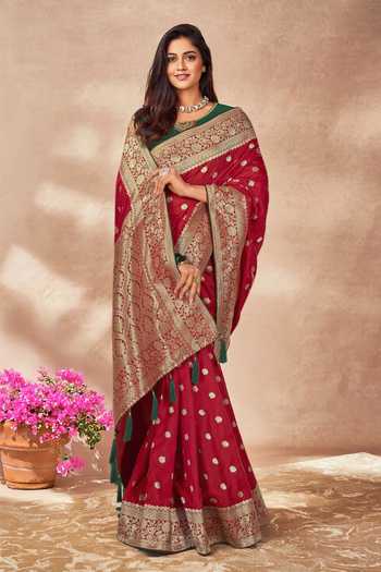 Shop_Khwaab By Sanjana Lakhani_Red Georgette, Silk Embroidery Boat Neck Floral Bloom Woven Saree With Blouse _Online_at_Aza_Fashions
