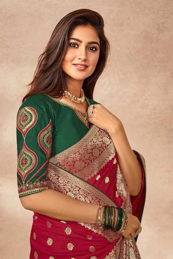 Khwaab By Sanjana Lakhani_Red Georgette, Silk Embroidery Boat Neck Floral Bloom Woven Saree With Blouse _at_Aza_Fashions