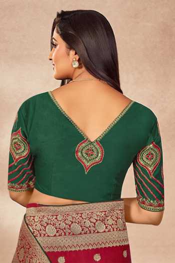 Shop_Khwaab By Sanjana Lakhani_Red Georgette, Silk Embroidery Boat Neck Floral Bloom Woven Saree With Blouse 