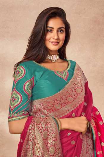 Buy_Khwaab By Sanjana Lakhani_Pink Georgette, Silk Embroidery V-neck Bloom Woven Saree Set With Blouse _Online_at_Aza_Fashions