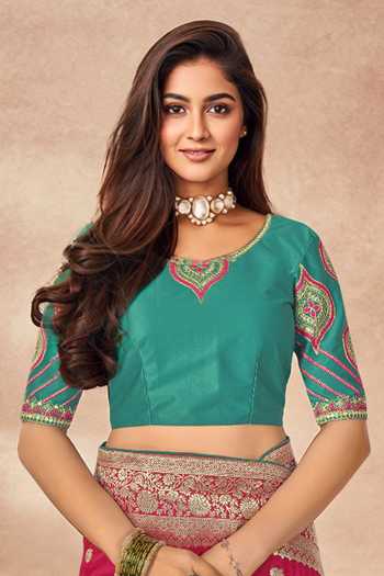 Shop_Khwaab By Sanjana Lakhani_Pink Georgette, Silk Embroidery V-neck Bloom Woven Saree Set With Blouse _Online_at_Aza_Fashions