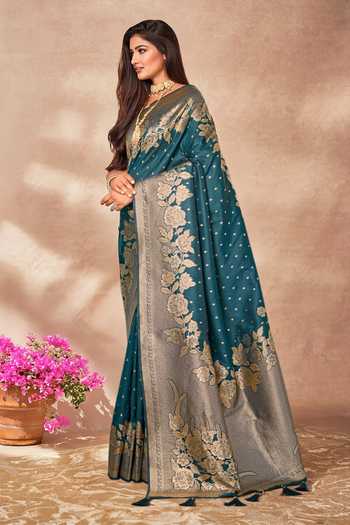 Khwaab By Sanjana Lakhani_Green Silk Embroidery, Zari V-neck Floral Vine Woven Saree And Blouse Set _Online_at_Aza_Fashions