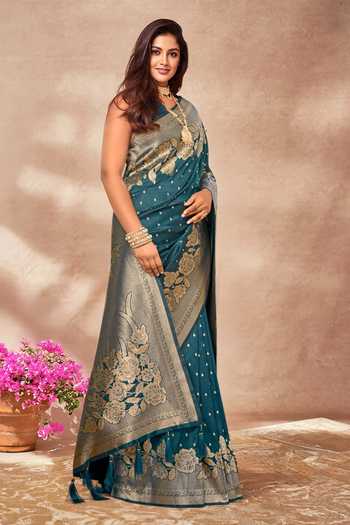 Buy_Khwaab By Sanjana Lakhani_Green Silk Embroidery, Zari V-neck Floral Vine Woven Saree And Blouse Set _Online_at_Aza_Fashions