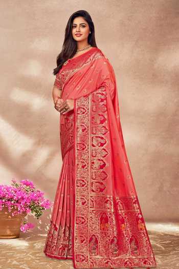 Khwaab By Sanjana Lakhani_Red , Organza Sequins, Palatial Woven Pink Saree And Blouse Set _Online_at_Aza_Fashions