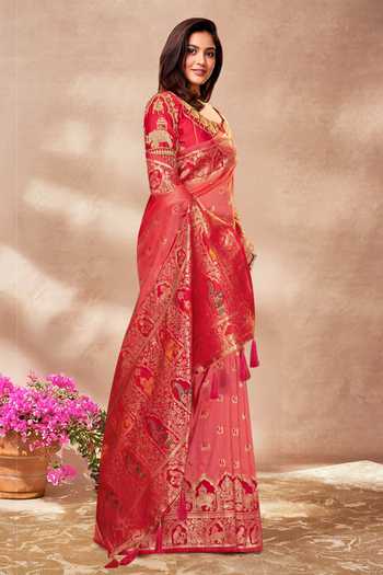 Buy_Khwaab By Sanjana Lakhani_Red , Organza Sequins, Palatial Woven Pink Saree And Blouse Set _Online_at_Aza_Fashions