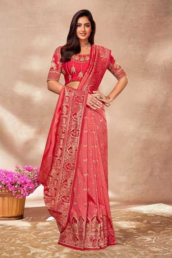 Shop_Khwaab By Sanjana Lakhani_Red , Organza Sequins, Palatial Woven Pink Saree And Blouse Set _Online_at_Aza_Fashions