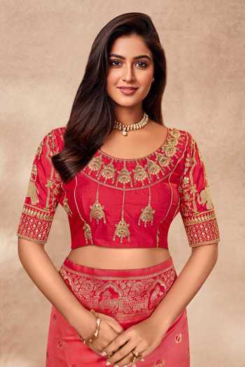 Khwaab By Sanjana Lakhani_Red , Organza Sequins, Palatial Woven Pink Saree And Blouse Set _at_Aza_Fashions