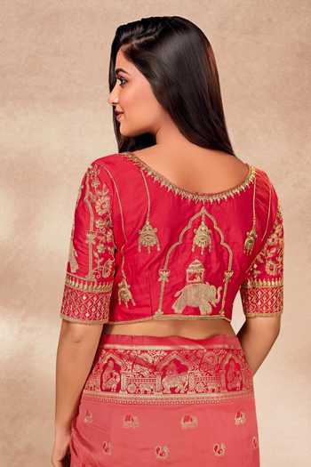 Buy_Khwaab By Sanjana Lakhani_Red , Organza Sequins, Palatial Woven Pink Saree And Blouse Set 