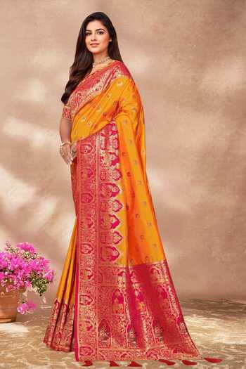 Khwaab By Sanjana Lakhani Pink Silk Sequins, Embroidery Round Neck Yellow Banarasi Woven Saree And Blouse Online at Aza Fashions Khwaab By Sanjana Lakhani_Pink Silk Sequins, Embroidery Round Neck Yellow Banarasi Woven Saree And Blouse _Online_at_Aza_Fashions