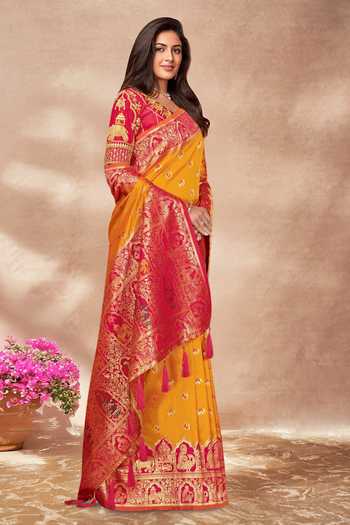 Buy Khwaab By Sanjana Lakhani Pink Silk Sequins, Embroidery Round Neck Yellow Banarasi Woven Saree And Blouse Online at Aza Fashions Buy_Khwaab By Sanjana Lakhani_Pink Silk Sequins, Embroidery Round Neck Yellow Banarasi Woven Saree And Blouse _Online_at_Aza_Fashions