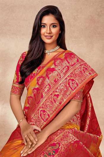 Shop Khwaab By Sanjana Lakhani Pink Silk Sequins, Embroidery Round Neck Yellow Banarasi Woven Saree And Blouse Online at Aza Fashions Shop_Khwaab By Sanjana Lakhani_Pink Silk Sequins, Embroidery Round Neck Yellow Banarasi Woven Saree And Blouse _Online_at_Aza_Fashions