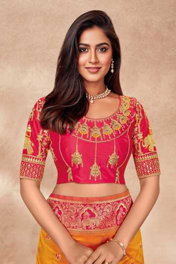 Khwaab By Sanjana Lakhani Pink Silk Sequins, Embroidery Round Neck Yellow Banarasi Woven Saree And Blouse at Aza Fashions Khwaab By Sanjana Lakhani_Pink Silk Sequins, Embroidery Round Neck Yellow Banarasi Woven Saree And Blouse _at_Aza_Fashions