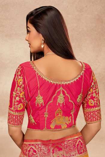 Buy Khwaab By Sanjana Lakhani Pink Silk Sequins, Embroidery Round Neck Yellow Banarasi Woven Saree And Blouse Buy_Khwaab By Sanjana Lakhani_Pink Silk Sequins, Embroidery Round Neck Yellow Banarasi Woven Saree And Blouse