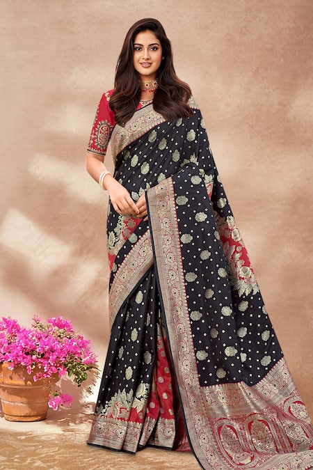 Naintara Bajaj Black Floral Woven Banarasi Silk Saree Set 