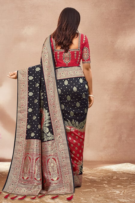 Naintara Bajaj Black Floral Woven Banarasi Silk Saree Set 