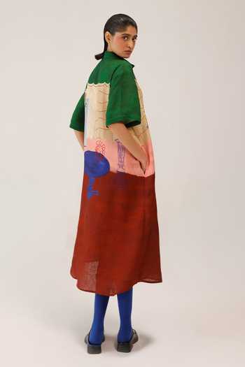 Cord Multi Color Linen Collared Loft Print Dress Online at Aza Fashions Cord_Multi Color Linen Collared Loft Print Dress _Online_at_Aza_Fashions