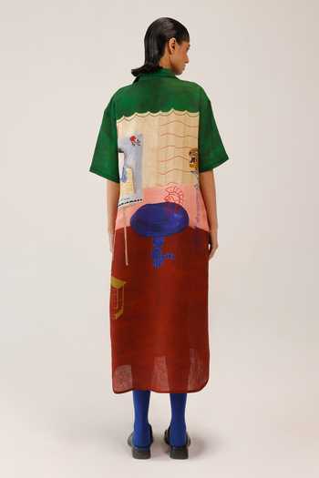 Shop Cord Multi Color Linen Collared Loft Print Dress at Aza Fashions Shop_Cord_Multi Color Linen Collared Loft Print Dress _at_Aza_Fashions