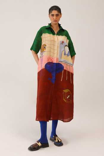 Shop Cord Multi Color Linen Collared Loft Print Dress Online at Aza Fashions Shop_Cord_Multi Color Linen Collared Loft Print Dress _Online_at_Aza_Fashions