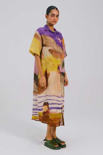 Cord Multi Color Linen Collared Swimmers Print Dress Online at Aza Fashions Cord_Multi Color Linen Collared Swimmers Print Dress _Online_at_Aza_Fashions