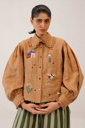 Cord_Brown Linen Embroidery Collared 80s Patchwork Shirt _Online_at_Aza_Fashions