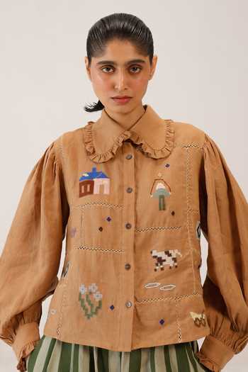 Buy_Cord_Brown Linen Embroidery Collared 80s Patchwork Shirt _Online_at_Aza_Fashions