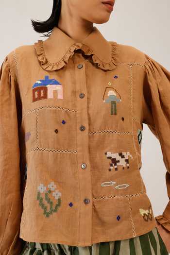 Shop_Cord_Brown Linen Embroidery Collared 80s Patchwork Shirt _Online_at_Aza_Fashions