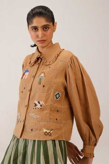 Cord_Brown Linen Embroidery Collared 80s Patchwork Shirt _at_Aza_Fashions